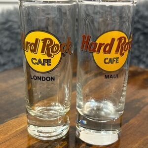 Hard Rock Cafe Shot Glasses Set of 2 Maui & London Red Yellow Logo Souvenir